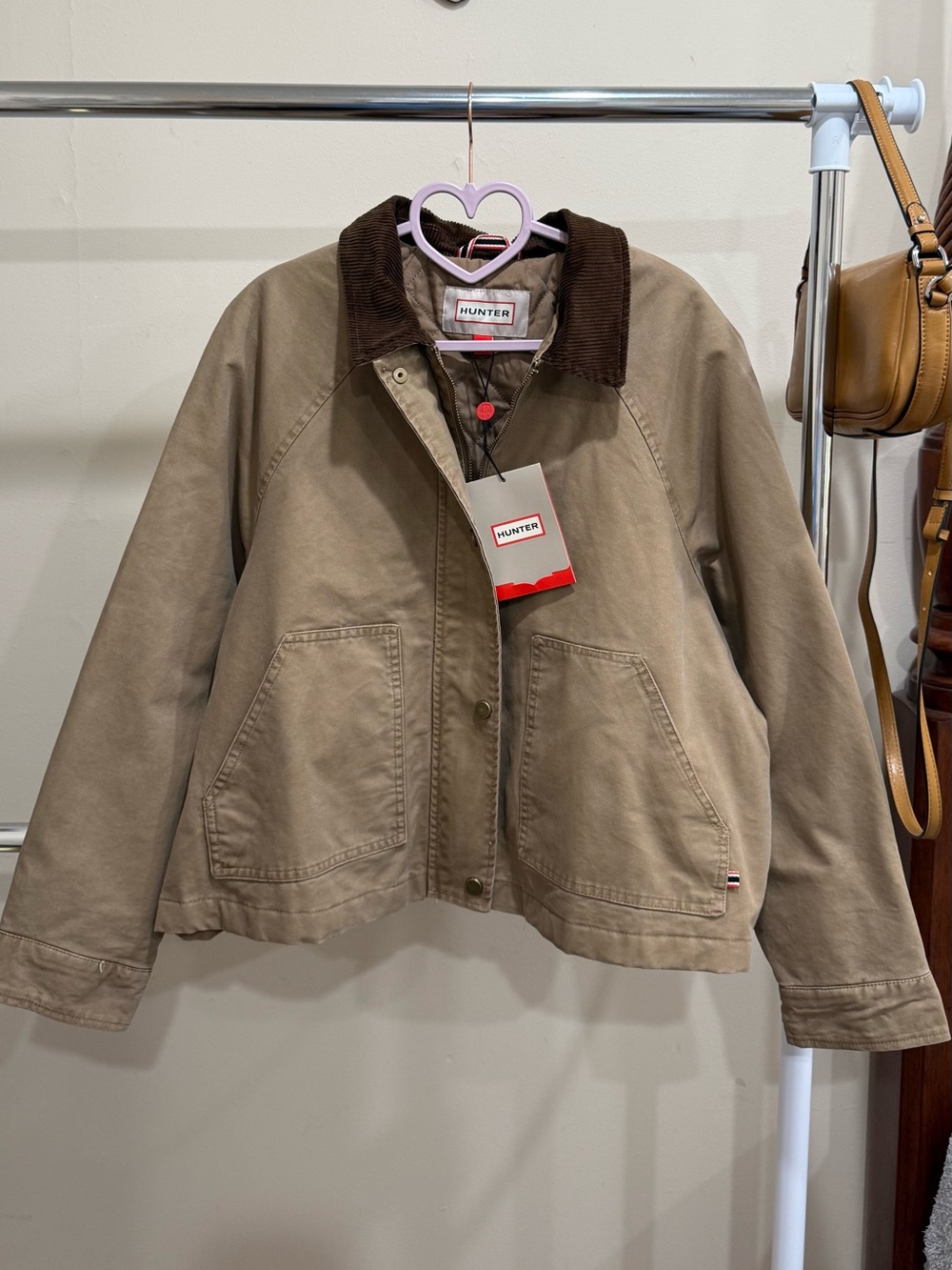 Hunter Quilted Canvas Jacket Corduroy Collar Brown Tan Size M NWT